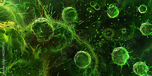 Fototapeta Naklejka Na Ścianę i Meble -  Emerald Bacterial Pathogen Invasion: High-resolution microscopy of emerald-colored animal cells invaded by pathogenic bacteria, illustrating cellular damage and inflammation