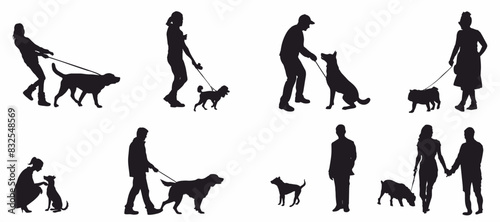 silhouette of people walking with dogs and jogging. 
