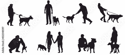 set of people playing with dogs vector silhouette.