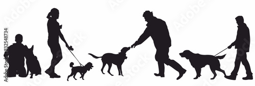 set of people playing with dogs vector silhouette.