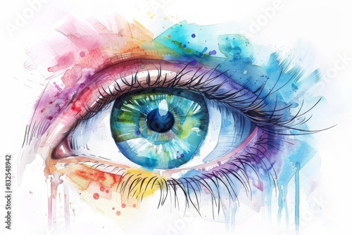 Vibrant watercolor painting of a blue eye with multicolored splashes, showcasing artistic creativity and beauty in a unique, expressive style.
