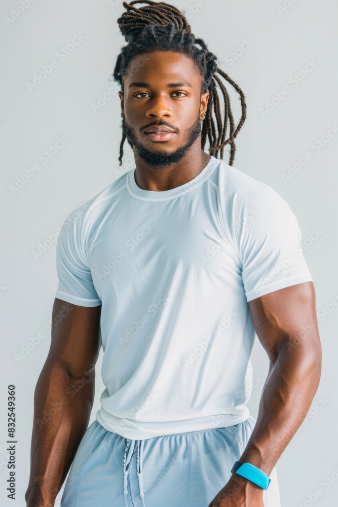 Young Black Male Model in Minimalist Cardio Fitness T-Shirt, Demonstrating Athletic Posture in a Bright Indoor Setting Young Black Male Model in Minimalist Cardio Fitness T-Shirt, Demonstrating Athletic Posture in a Bright Indoor Setting
