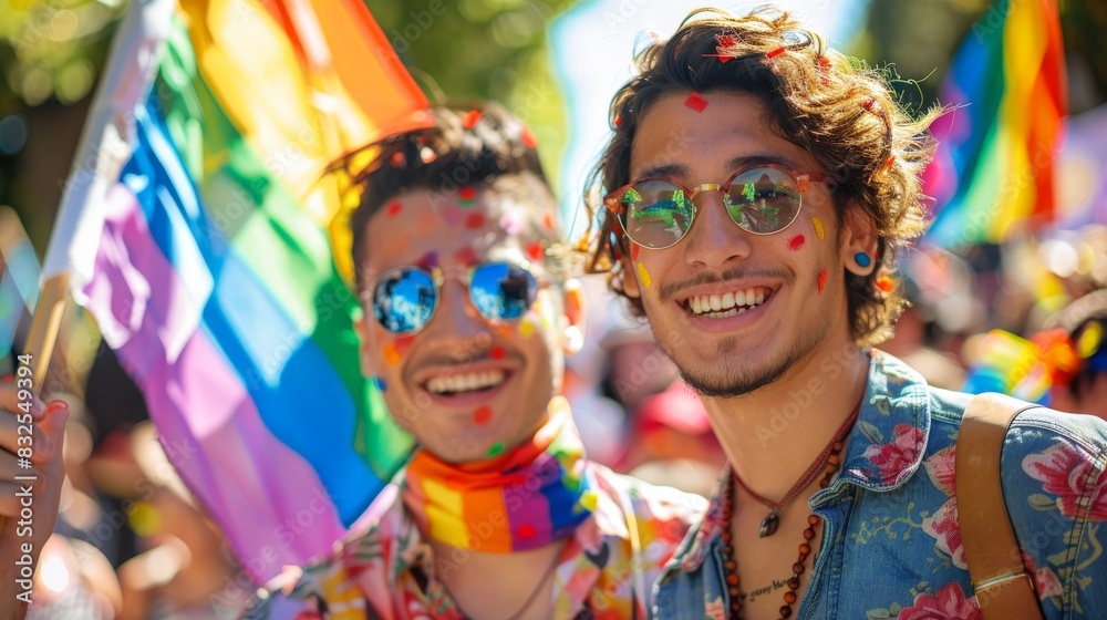 An LGBT rights activist waving a rainbow flag during the LGBT parade gay couples or male-to-male couples waving rainbow flags There is diversity among homosexuals in the gay and lesbian community