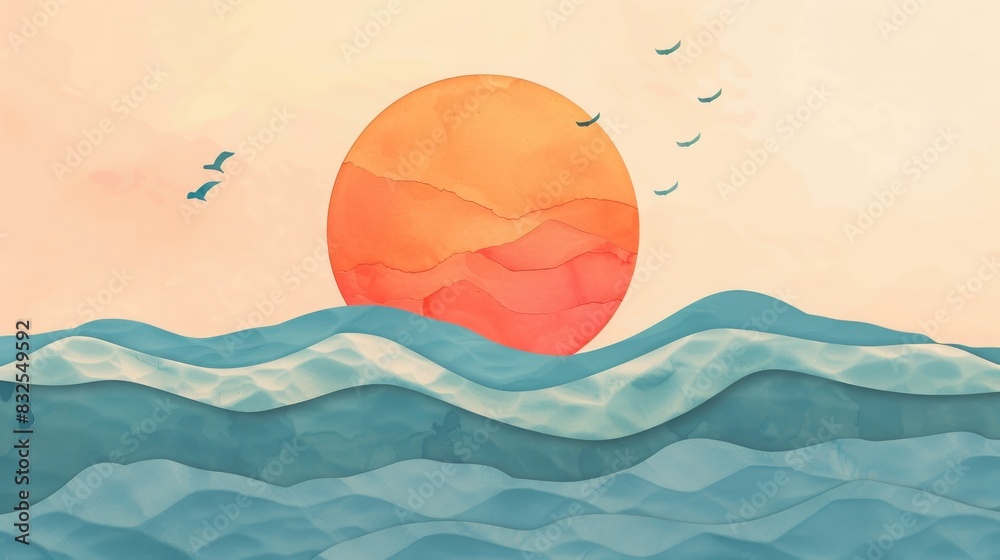 Watercolor sunset over ocean waves birds flying. Serenity tranquility abstract coastal art. Vibrant hues peaceful scene. Watercolor sunset over ocean waves birds flying. Serenity tranquility abstract coastal art. Vibrant hues peaceful scene.