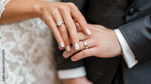 Close-up of elegant bride and groom holding hands, showcasing wedding rings against white lace dress and black tuxedo.