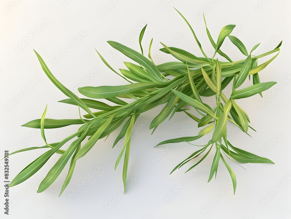 Tarragon Leaves D Rendered Light Green Sprig on White Background Tarragon Leaves D Rendered Light Green Sprig on White Background
