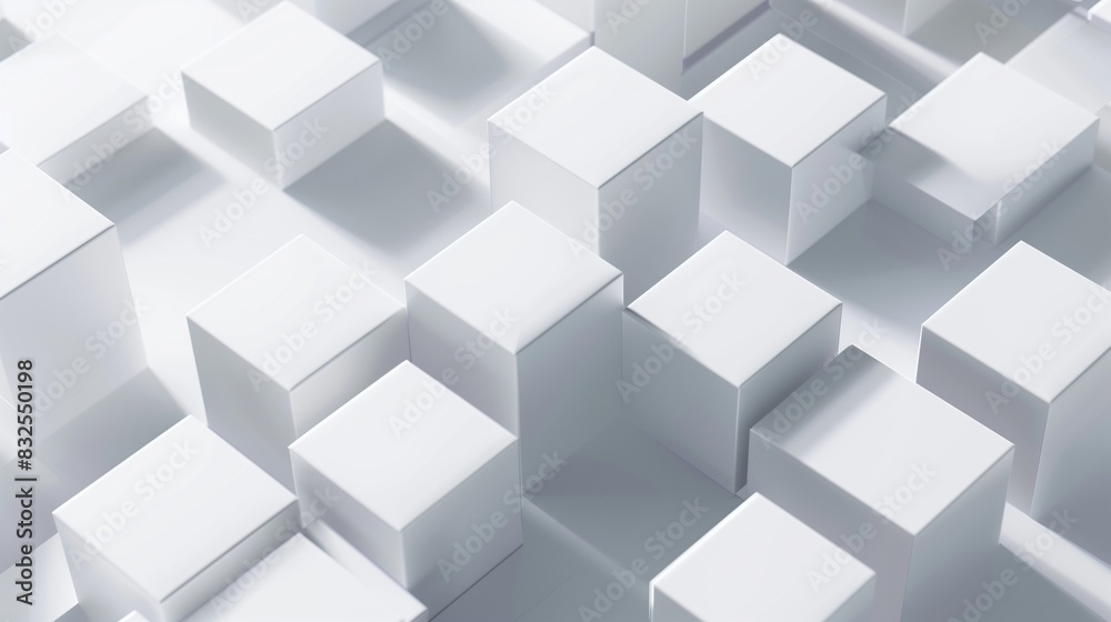 Minimalist white abstract background with 3D illusions of floating cubes and intricate shadow play. Minimalist white abstract background with 3D illusions of floating cubes and intricate shadow play.