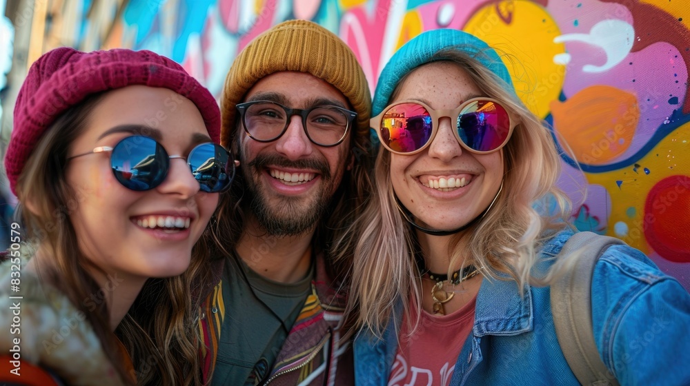 A group of joyful friends taking a selfie in front of a colorful mural, capturing a moment of fun and happiness.
A group of joyful friends taking a selfie in front of a colorful mural, capturing a moment of fun and happiness.