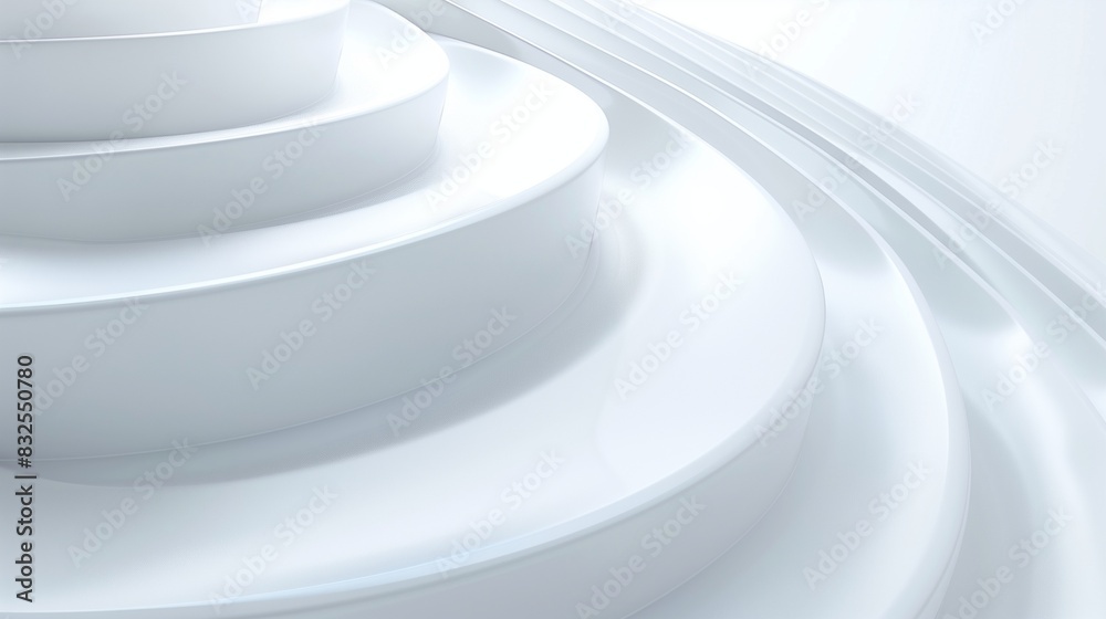 Obraz premium Minimalist white abstract background with 3D illusions of layered circles and soft lighting effects.