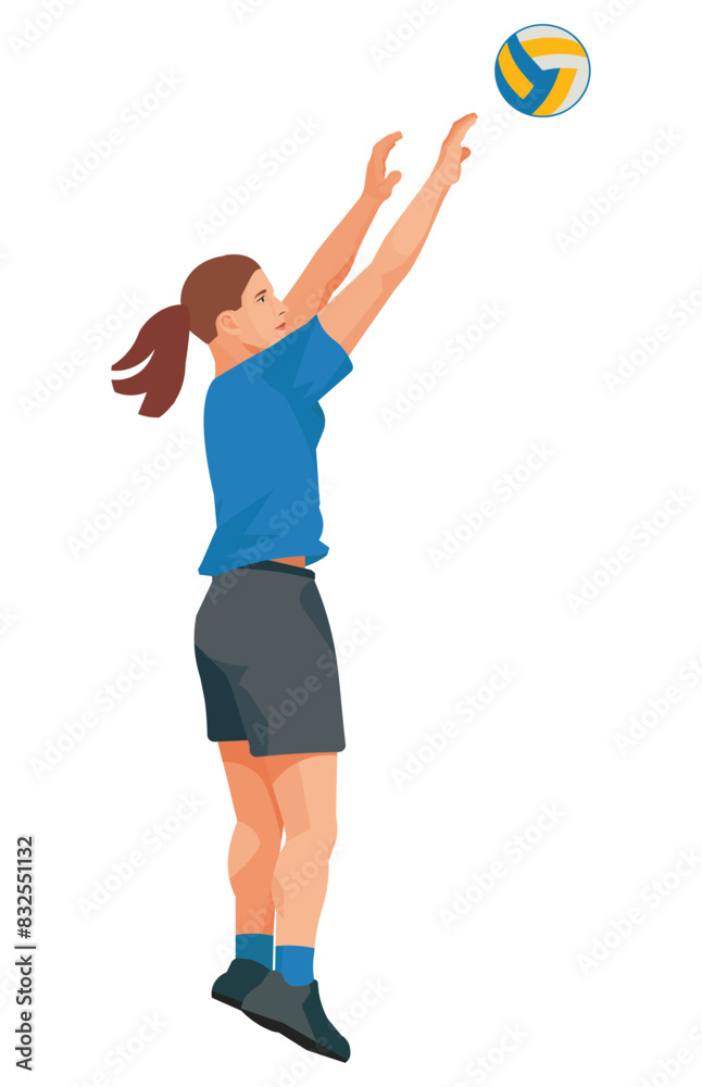 Women's volleyball player in a blue T-shirt jumping and pushing a volleyball with two hands Women's volleyball player in a blue T-shirt jumping and pushing a volleyball with two hands