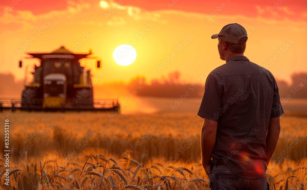 Fototapeta premium The illustration of a large wheat field, a beautiful sunset, and a farmer in the foreground. Modern agriculture.