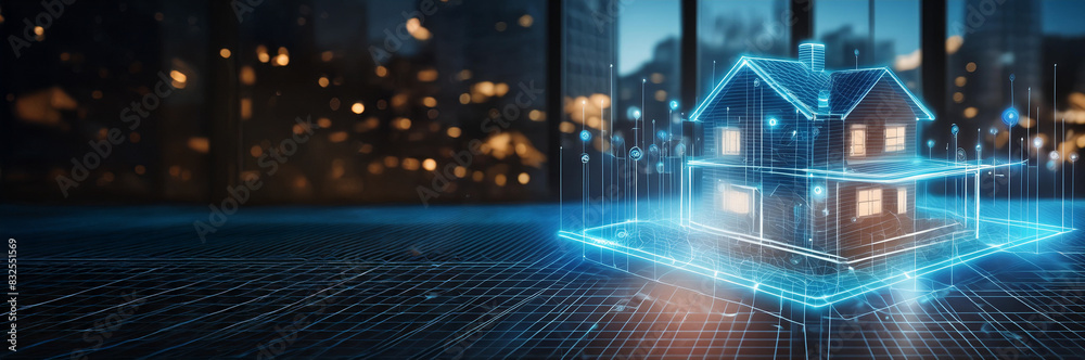 Hologram of a house and design in Real Estate project. Future Concept Simulation and connect Connect to Augmented Reality Metaverse .AI Generated Hologram of a house and design in Real Estate project. Future Concept Simulation and connect Connect to Augmented Reality Metaverse .AI Generated