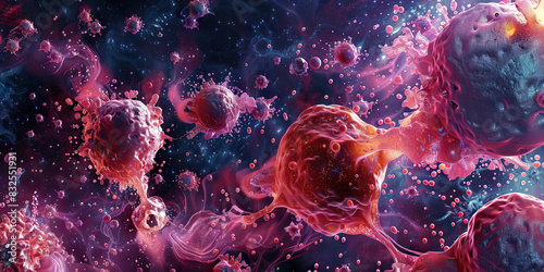Cancer Cell Proliferation: Microscopic exploration of animal cancer cells undergoing uncontrolled proliferation, illustrating tumor growth and metastasis photo