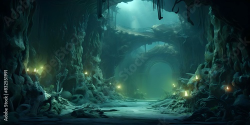 Exploring an otherworldly underwater scene with dark alien-like organisms and tentacle structures. Concept Underwater Exploration, Alien Organisms, Tentacle Structures photo