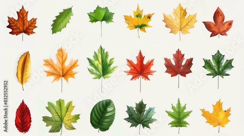 A set of 15 autumn leaves in various colors, including red, orange, yellow, and green.