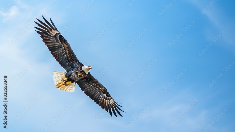Obraz premium Majestic bald eagle soaring in the blue sky with wings fully extended, symbolizing freedom and strength in nature.