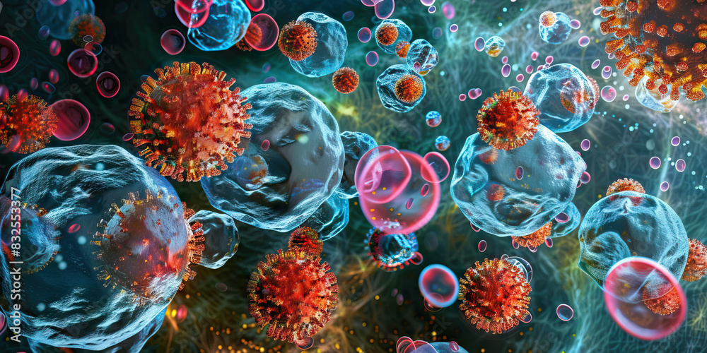 Viral infection dynamics microscopic view of cells and virus cells. Viral infection dynamics microscopic view of cells and virus cells.