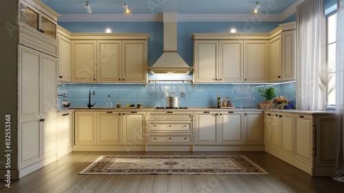 a serene traditional kitchen with beige cabinetry and soft blue accents, creating a space of understated elegance and tranquility