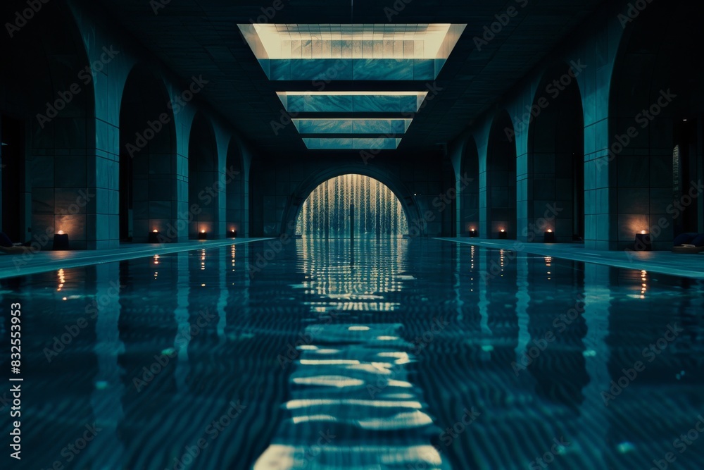 Obraz premium Luxury pool relaxation vacation personal swimming pool indoor paradise liminal spaces sunset evening beautiful interior spa crystal clear water hotel apartment rich real estate