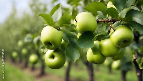Imagine Beautiful Fruit farm with green apple trees, Branch with natural green apples on blurred background of red apple orchard