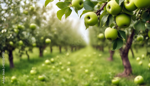 Imagine Beautiful Fruit farm with green apple trees, Branch with natural green apples on blurred background of red apple orchard