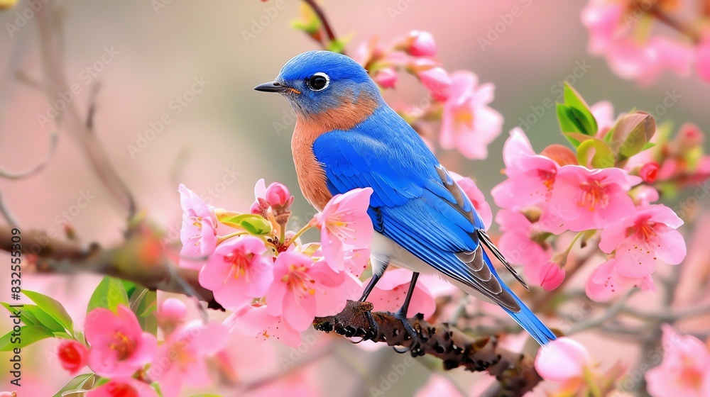 A beautiful bluebird perched on a branch of a cherry blossom tree. The bird is facing the viewer and is surrounded by delicate pink blossoms.