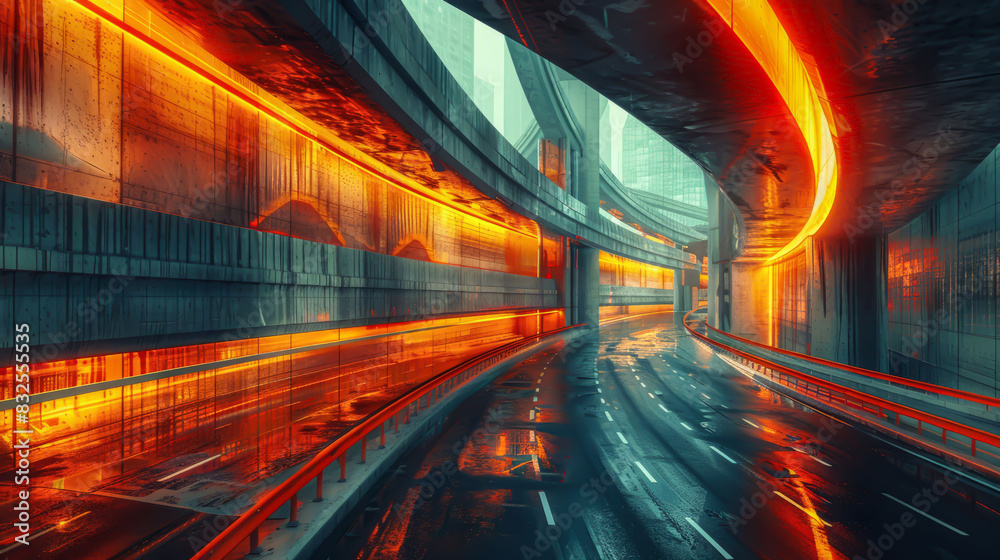 Fototapeta premium Abstract background: City tunnel with reflections and light trails. 