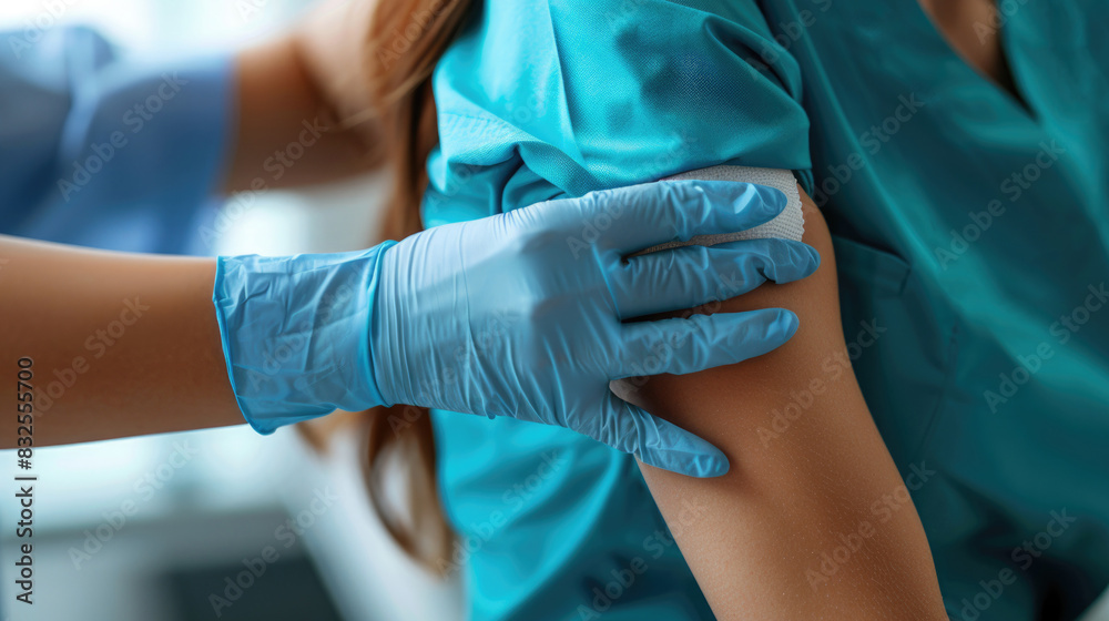 The patient's shoulder. The doctor gave the vaccination The patient's shoulder. The doctor gave the vaccination