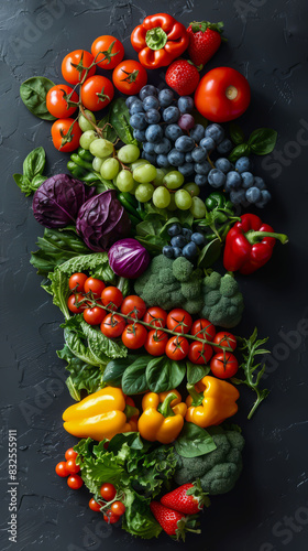 Natural beauty  a composition of green vegetables and bright fruits. 