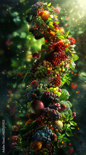 Vegetarian power: a portrait of a person formed from fresh fruits and vegetables. 