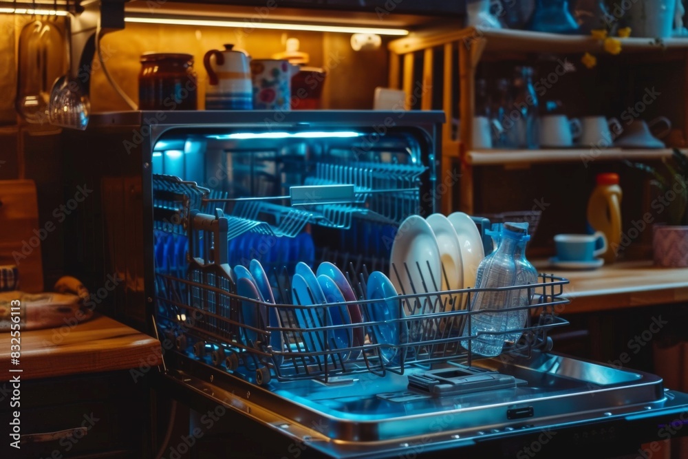Fototapeta premium Modern dishwasher kitchen household dish washing machine professional restaurant cafe equipment consumer grade heavy load home routine clean plates cups appliances loading unloading water technology