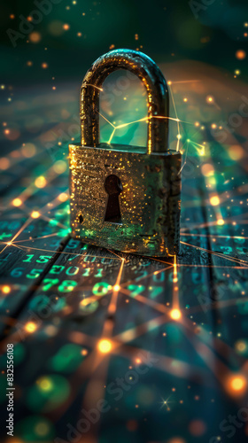Cybersecurity: Lock and digital code in a fiery digital space. 