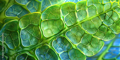 Botanical Leaf Mesophyll Structure: Microscopic examination of plant leaf mesophyll cells, highlighting chloroplasts, photosynthesis, and gas exchange photo