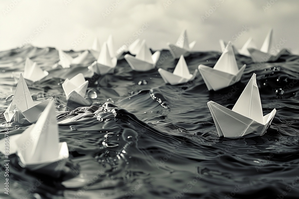 Obraz premium Origami Paper Boats Floating on Water.