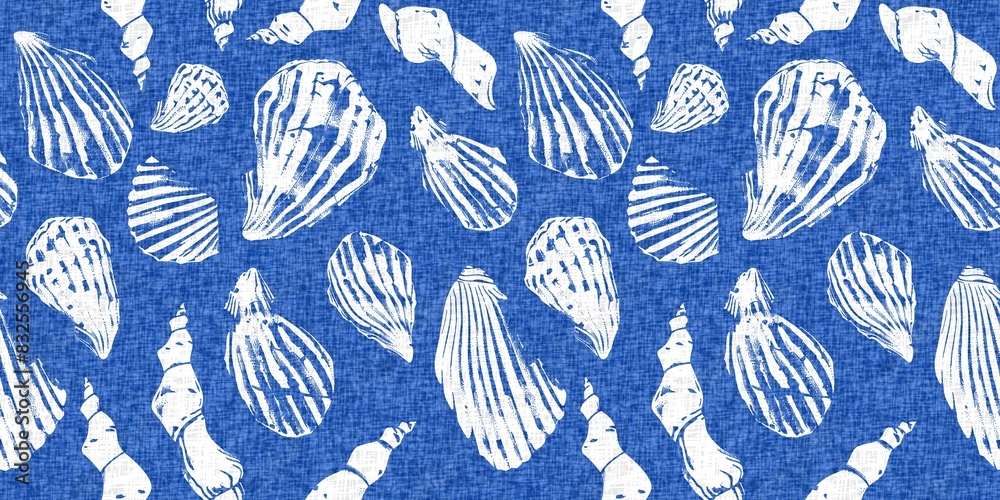 Azure blue white shell motif with linen seamless batik border background. Modern coastal beach cottage rustic shell block print home decor pattern design in sealife beach banner style. 