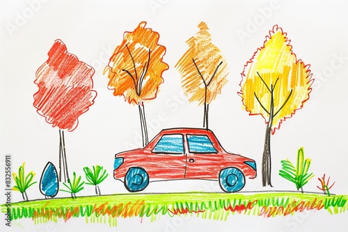 Child's Crayon Drawing of Car and Trees.
