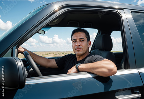a man is sitting in the driver's seat of a car with window opened and his elbow outside