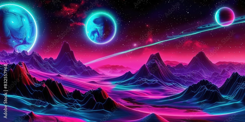 a image of a futuristic landscape with planets and mountains