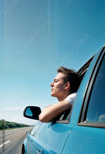 a man is looking out the window of a car with his head and arm outside the window