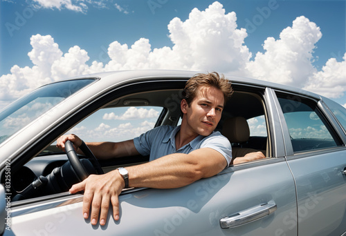 a man is sitting in the driver's seat of a car with his arm out the window