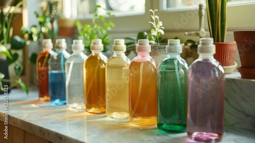 Glass bottles of refillable household cleaning products reducing the use of singleuse plastics.