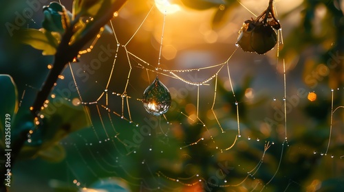 The image is a beautiful close-up of a spider web with a water droplet on it. photo