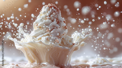 A large ice cream cone is splashing in a pool of milk. The image has a playful and fun mood  as the ice cream cone appears to be having a good time in the milk