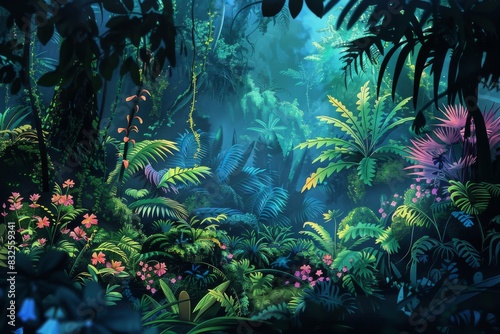 a jungle filled with exotic flowers and lush greenery