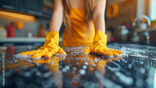 A woman in a yellow apron is cleaning a countertop. She is wearing yellow rubber gloves and a yellow apron photo