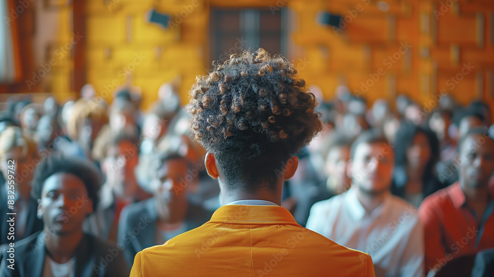 A man stands in front of a crowd of people, wearing a yellow jacket. Concept of importance and authority, as the man is likely a speaker or presenter. The audience appears to be attentive and engaged A man stands in front of a crowd of people, wearing a yellow jacket. Concept of importance and authority, as the man is likely a speaker or presenter. The audience appears to be attentive and engaged