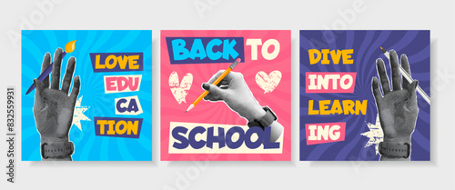 Set of 3 welcome back school posts for social media with collage halftone gesture hands. School stationery elements and supplies. Colorful trendy templates for advertising.