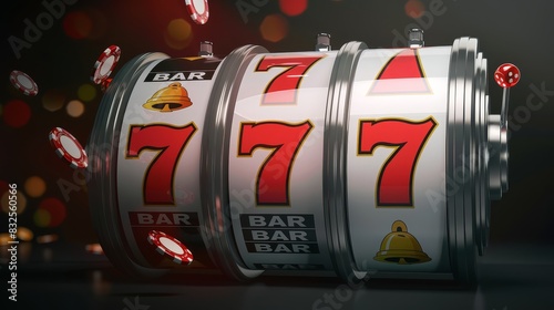 3D render of a casino slot machine showing 777 ribbons, capturing the excitement of hitting the jackpot. Perfect for gambling and casino themes