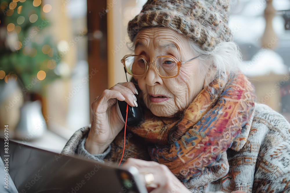 An old woman is talking on a cell phone while wearing a hat and scarf. She is sitting at a table and she is in a relaxed mood An old woman is talking on a cell phone while wearing a hat and scarf. She is sitting at a table and she is in a relaxed mood