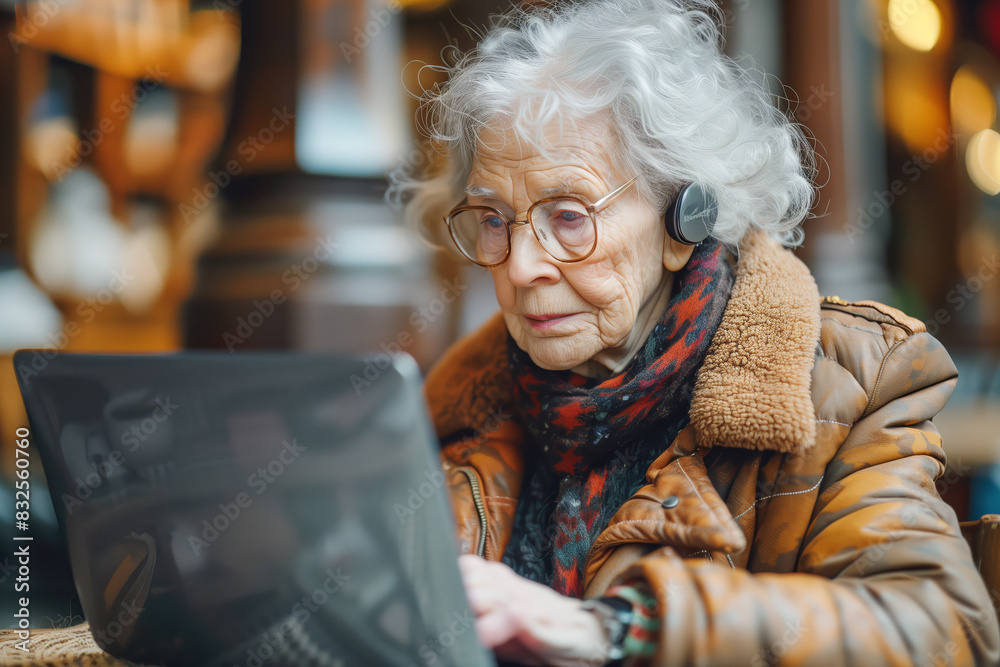 An old woman is talking on a cell phone while wearing a hat and scarf. She is sitting at a table and she is in a relaxed mood An old woman is talking on a cell phone while wearing a hat and scarf. She is sitting at a table and she is in a relaxed mood